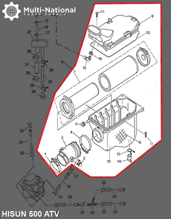 Air Filter Assembly - Air Cleaner Box, ATV, Hisun, 500-700cc - 60A4050 - PBC68F1
